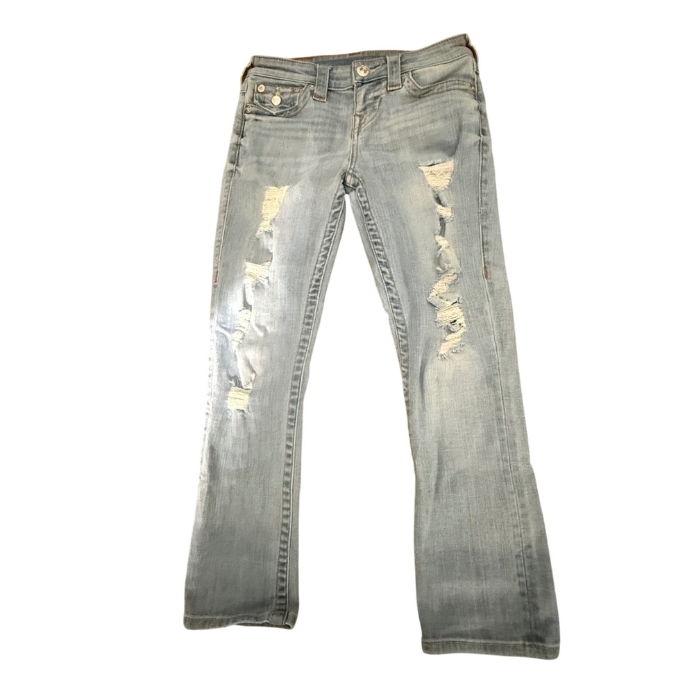 True Religion World Tour Section Capri Distressed Jeans Light Wash Womens 25